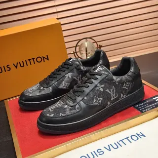 Louis Vuitton LV Trainer Negro Gris Monogram-Print Textil Cuero Suave Overlay Lifestyle Sneakers