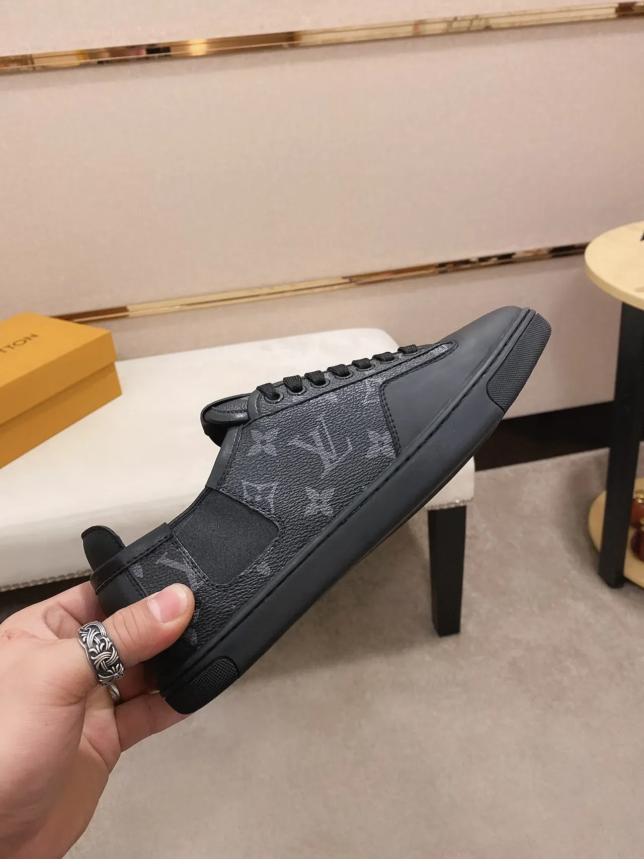Louis Vuitton LV Trainer Black Monogram Leather Elastic Side Gusset Lifestyle Sneakers 6