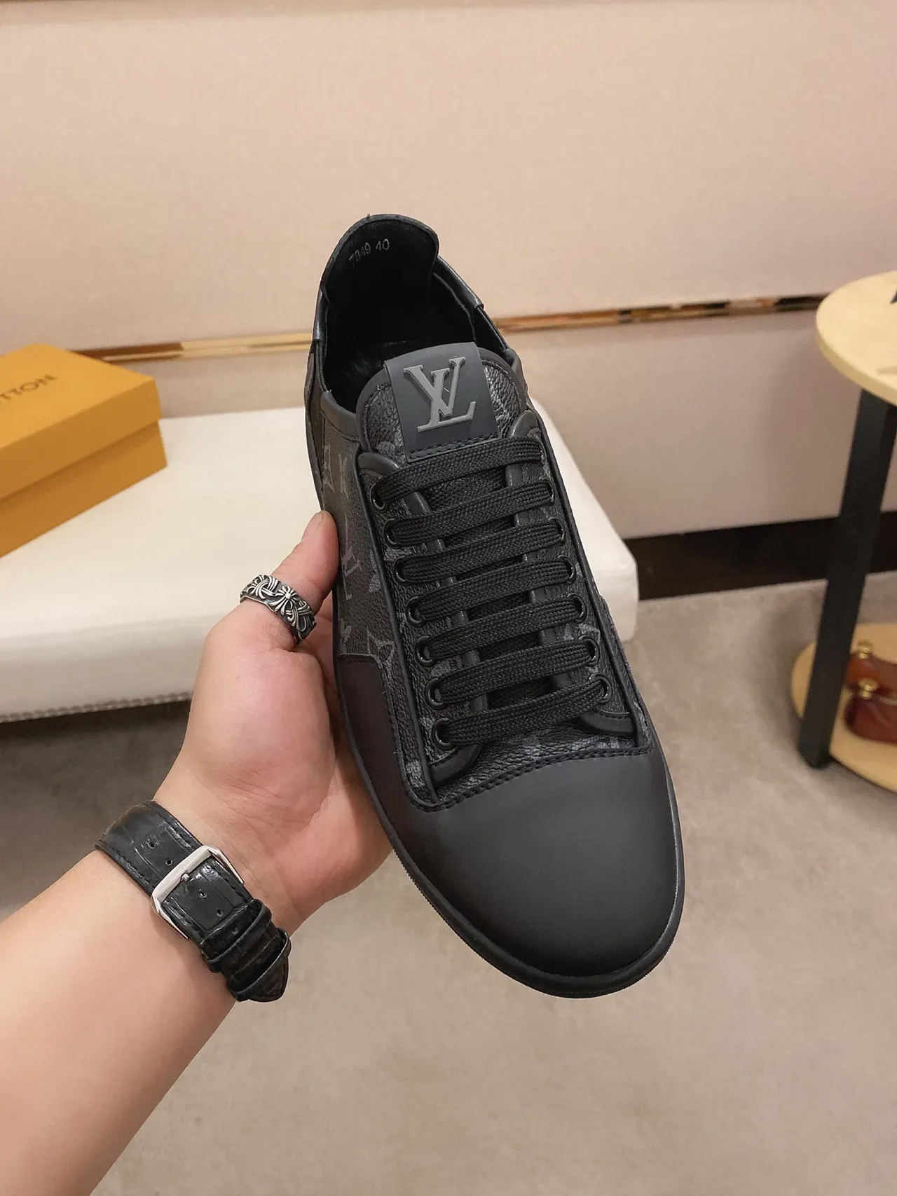 Louis Vuitton LV Trainer Black Monogram Leather Elastic Side Gusset Lifestyle Sneakers 7