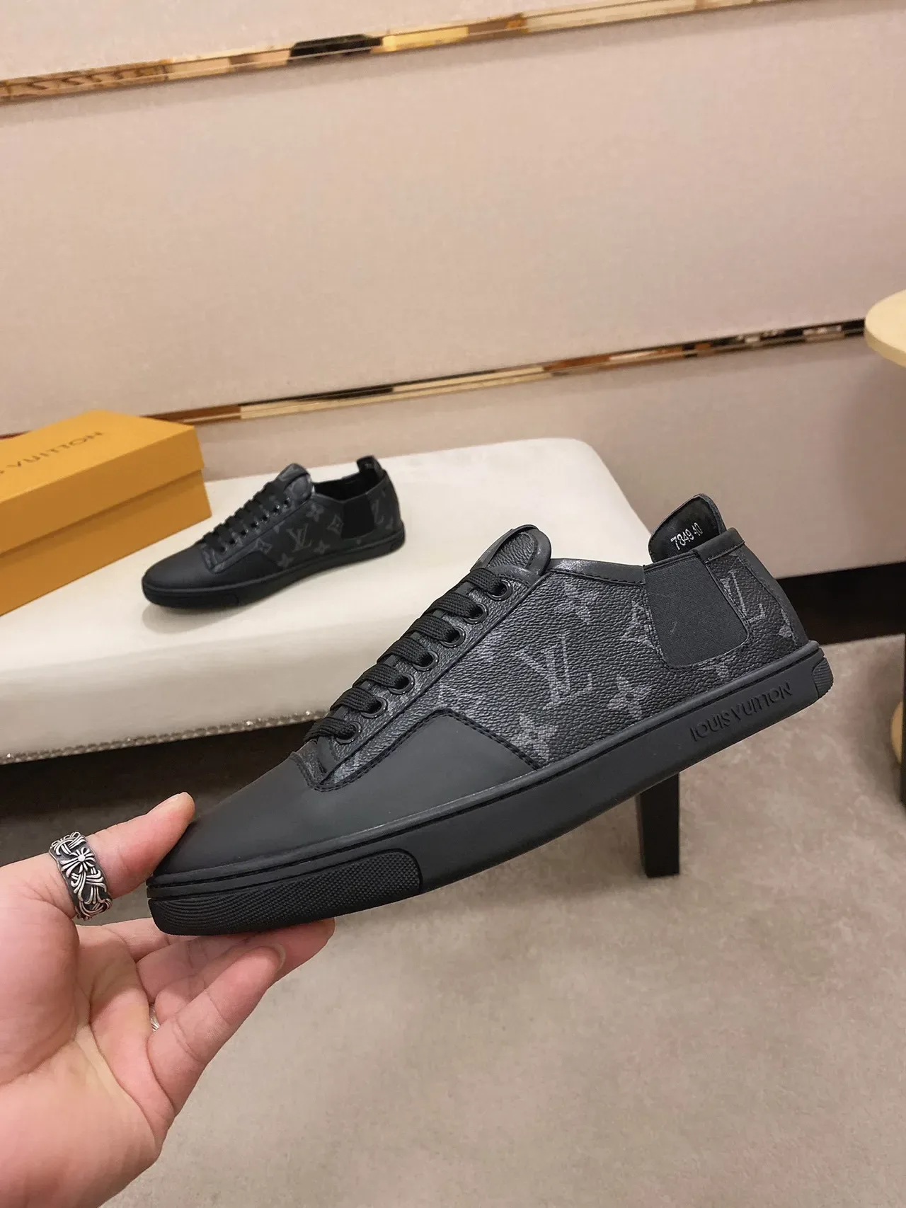 Louis Vuitton LV Trainer Black Monogram Leather Elastic Side Gusset Lifestyle Sneakers 8