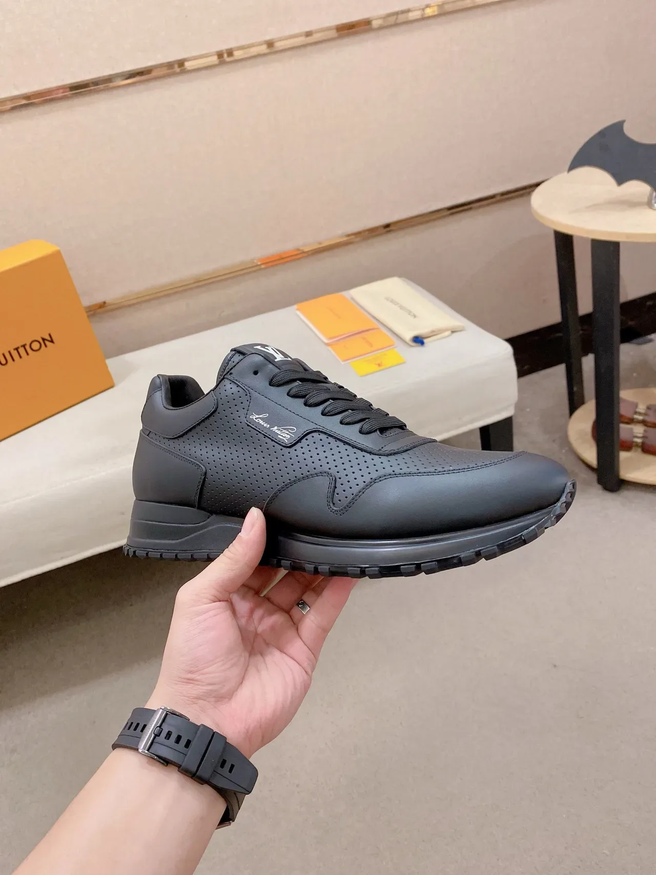 Louis Vuitton LV Trainer Black Perforated Leather Upper Cursive Script Logo Lifestyle Sneakers 6