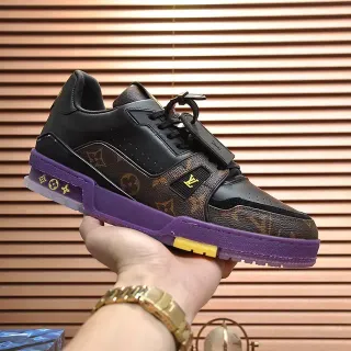 Louis Vuitton LV Trainer Preto Roxo Monograma Lona Couro Superposição Estilo de Vida Tênis