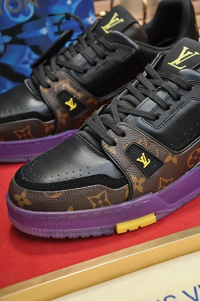 Louis Vuitton LV Trainer কালো বেগুনি মনোগ্রাম ক্যানভাস চামড়া ওভারলে লাইফস্টাইল স্নিকার্স 3