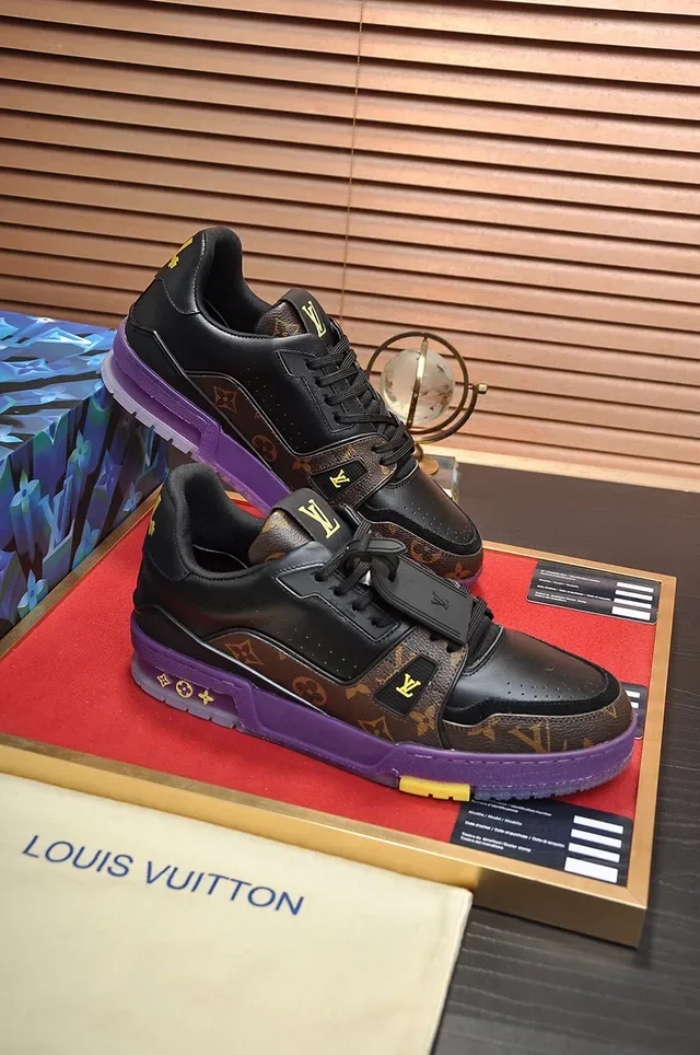 Louis Vuitton LV Trainer কালো বেগুনি মনোগ্রাম ক্যানভাস চামড়া ওভারলে লাইফস্টাইল স্নিকার্স 5