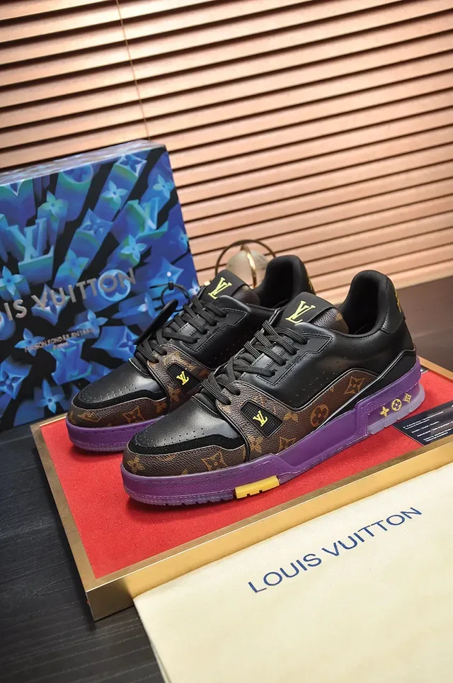 Louis Vuitton LV Trainer কালো বেগুনি মনোগ্রাম ক্যানভাস চামড়া ওভারলে লাইফস্টাইল স্নিকার্স 7