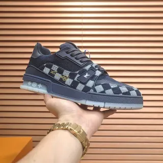 Louis Vuitton LV Trainer Negro Blanco Monograma a Cuadros Superior Logo Placa Correa Lifestyle Sneakers