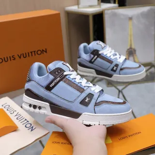 Louis Vuitton LV Trainer Azul Marrón Suede Claro Monogram Cuero Zapatillas Lifestyle