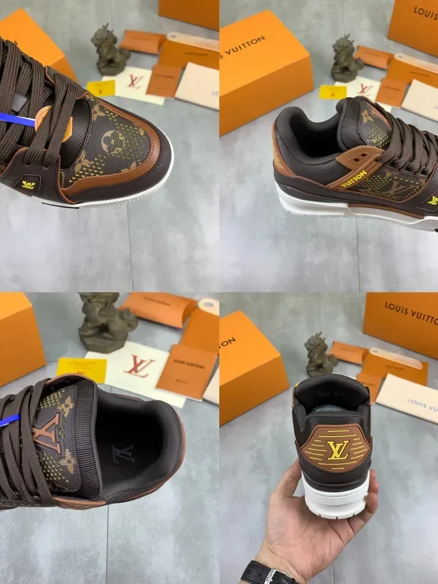 Louis Vuitton LV Trainer Marrom Bege Monogram Tela Sola com Várias Camadas Sneakers Lifestyle 2