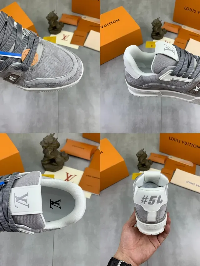 Louis Vuitton LV Trainer Gray White Jacquard Monogram Upper Molded Side Plaque Lifestyle Sneakers 2