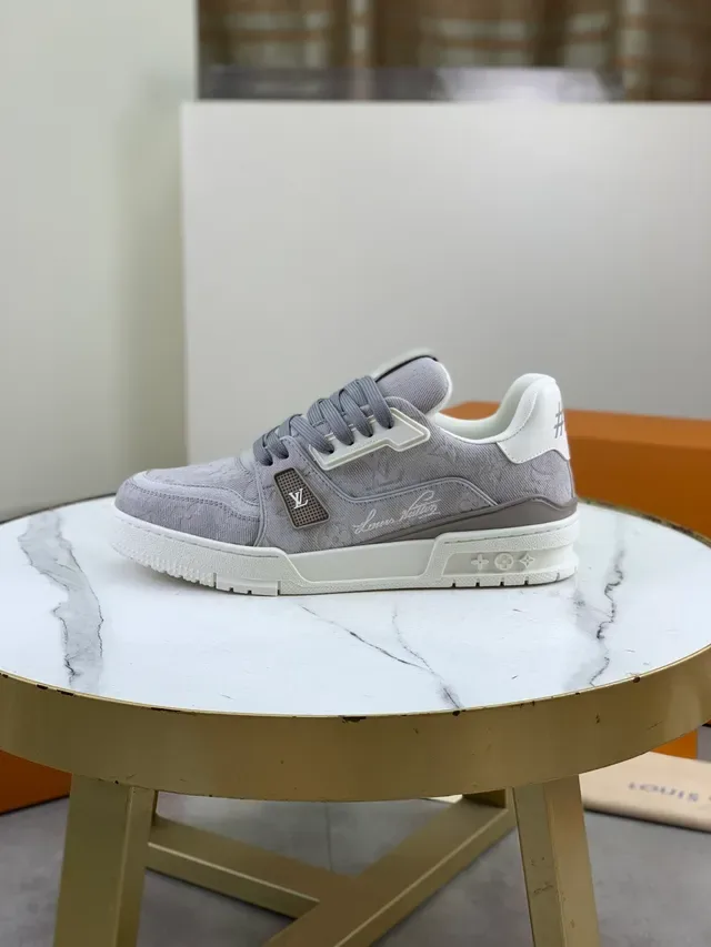 Louis Vuitton LV Trainer Gray White Jacquard Monogram Upper Molded Side Plaque Lifestyle Sneakers 5