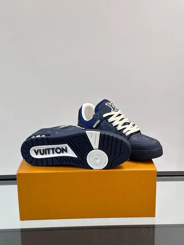Louis Vuitton LV Trainer Navy White Denim-Textured Upper Structured Layered Midsole Lifestyle Sneakers 2