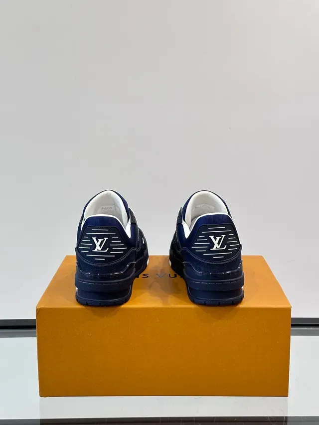 Louis Vuitton LV Trainer Navy White Denim-Textured Upper Structured Layered Midsole Lifestyle Sneakers 3