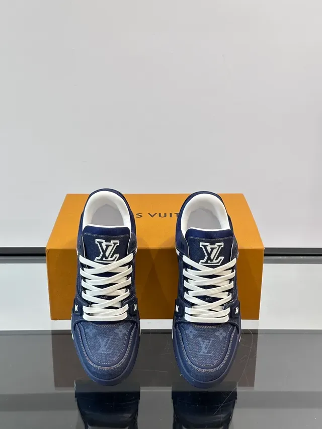 Louis Vuitton LV Trainer Navy White Denim-Textured Upper Structured Layered Midsole Lifestyle Sneakers 4