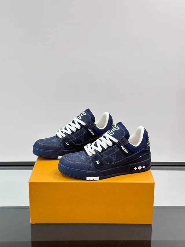 Louis Vuitton LV Trainer Navy White Denim-Textured Upper Structured Layered Midsole Lifestyle Sneakers 5