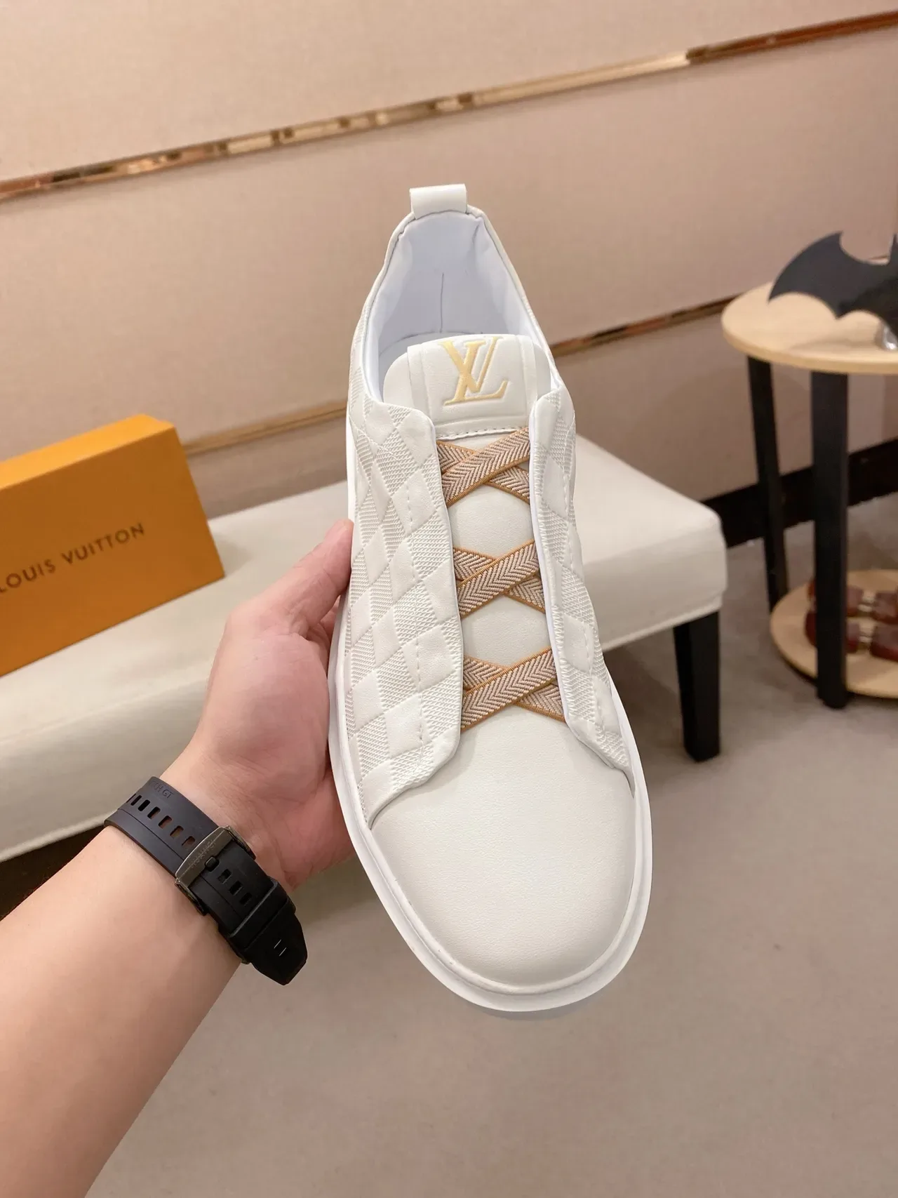 Louis Vuitton LV Trainer Chaussures Lifestyle Blanc Beige Slip-On Cuir Checkerboard Quilté 5