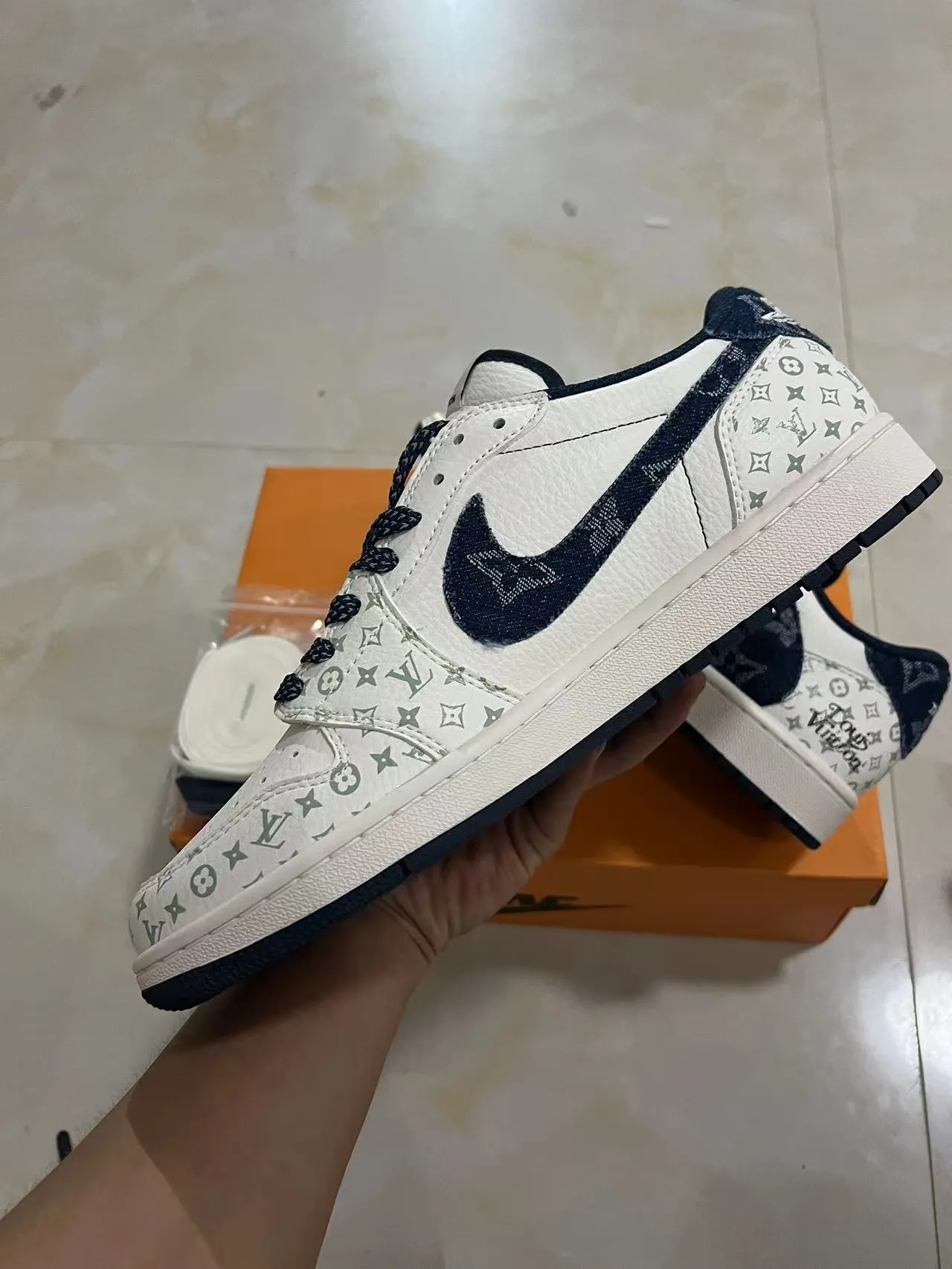 Louis Vuitton LV Trainer White Navy Monogram-Printed Leather Contrast Panel Lifestyle Sneakers 5