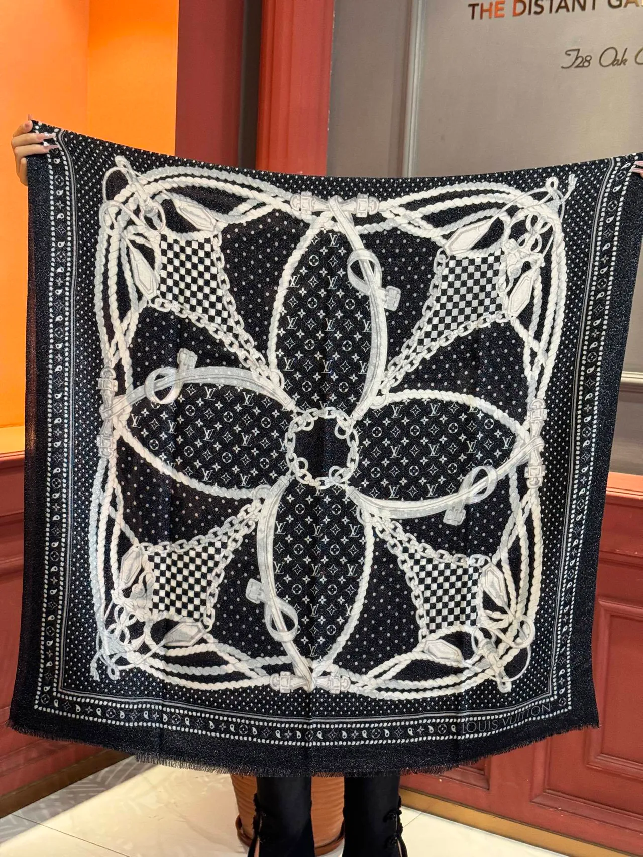 Louis Vuitton Monogram Chain Print Black and White Silk Scarf 9