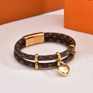 Louis Vuitton Monogram Pulsera de Cordón Marrón Dorado Doble Envoltura Cuero