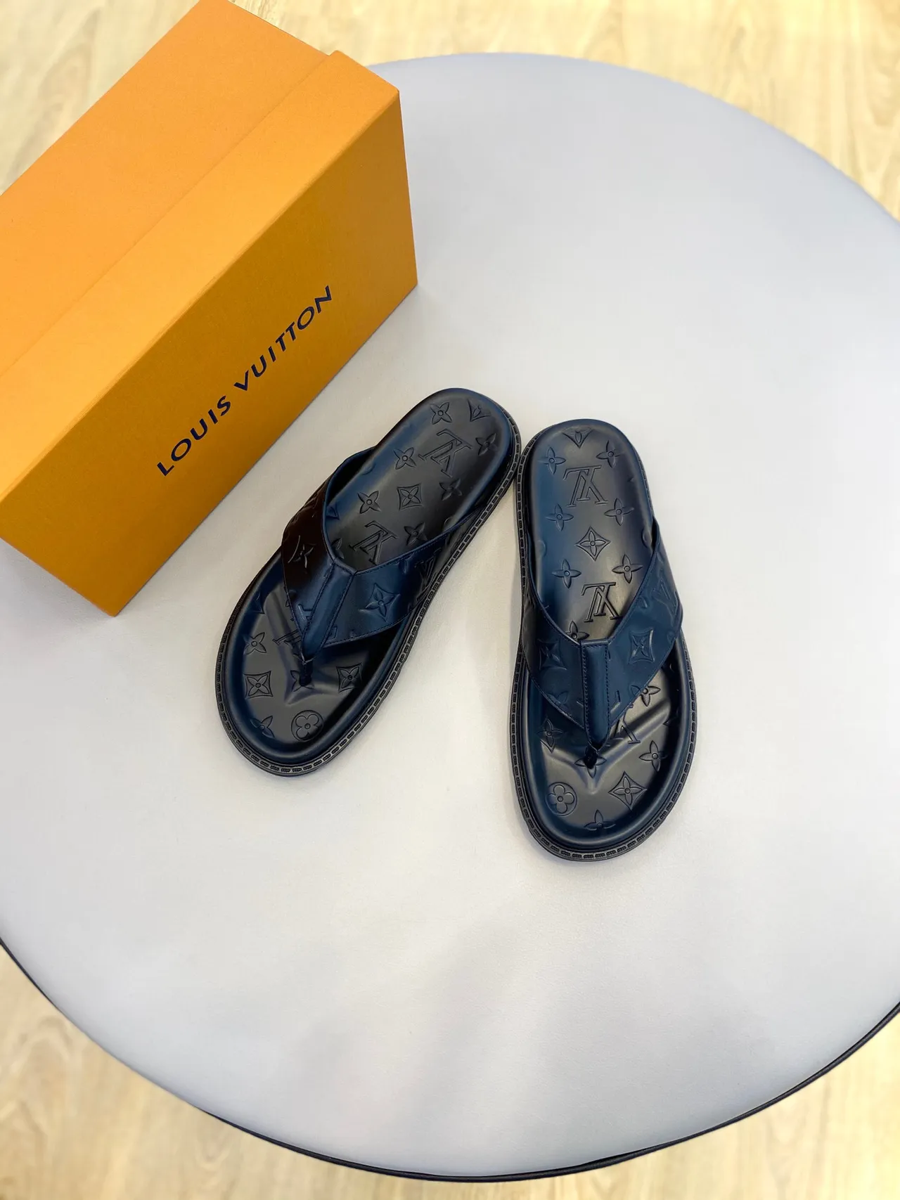 Louis Vuitton Monogram-Embossed Navy Blue Slippers 2