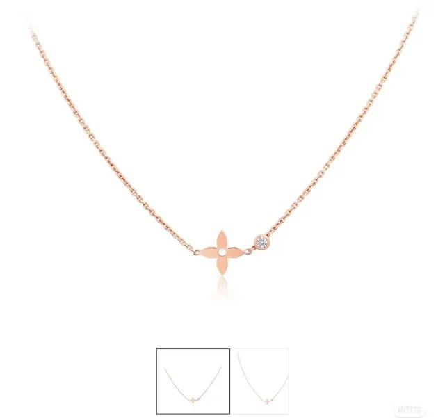 Collar Louis Vuitton Monograma Flor Oro y Plata Motivo Cuatro Pétalos Cadena Fina 4