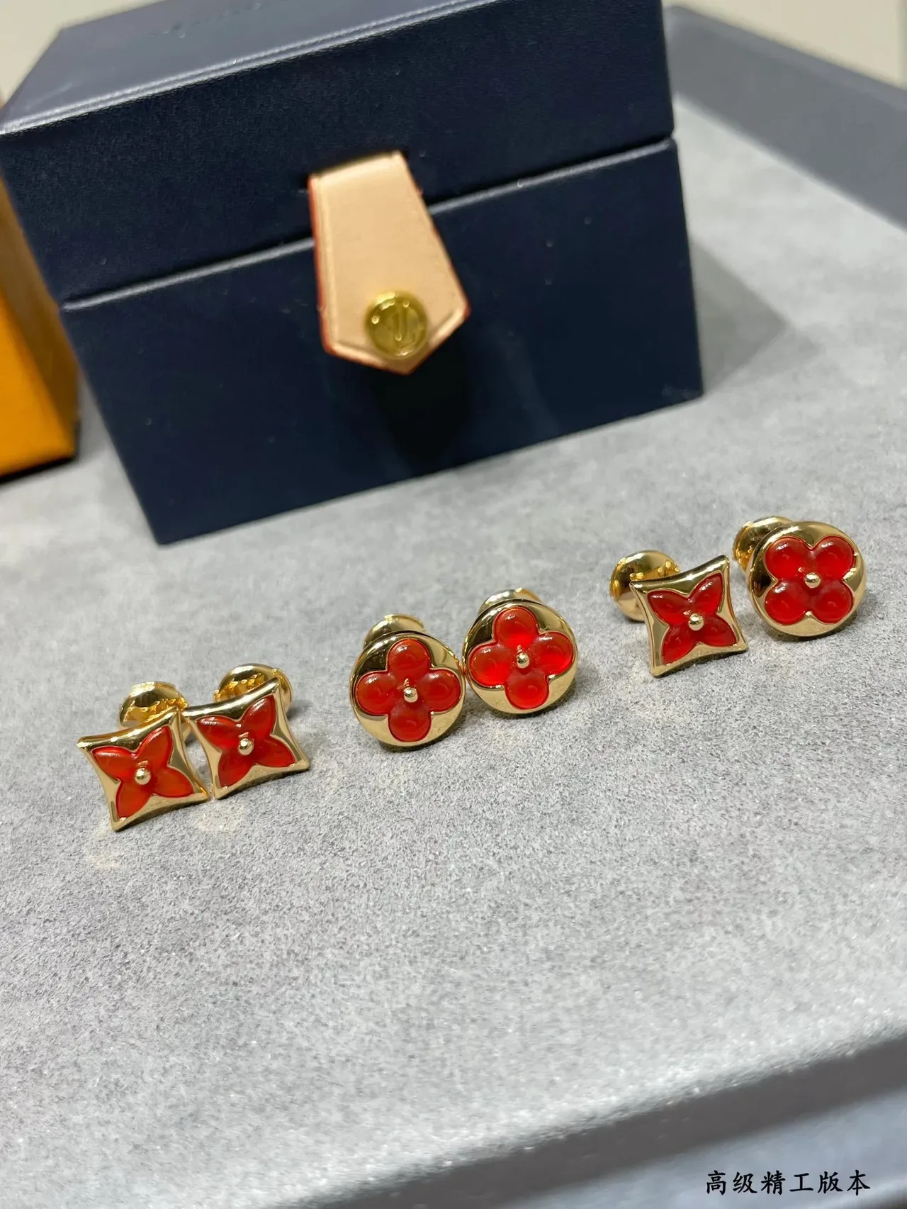 Louis Vuitton Monogram Flower Red Enamel Gold-Tone Asymmetrical Stud Earrings 8