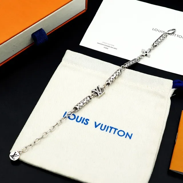 Louis Vuitton Monogram Hardware Silver Black Cylindrical Links Mixed Charm Elements Bracelet 7