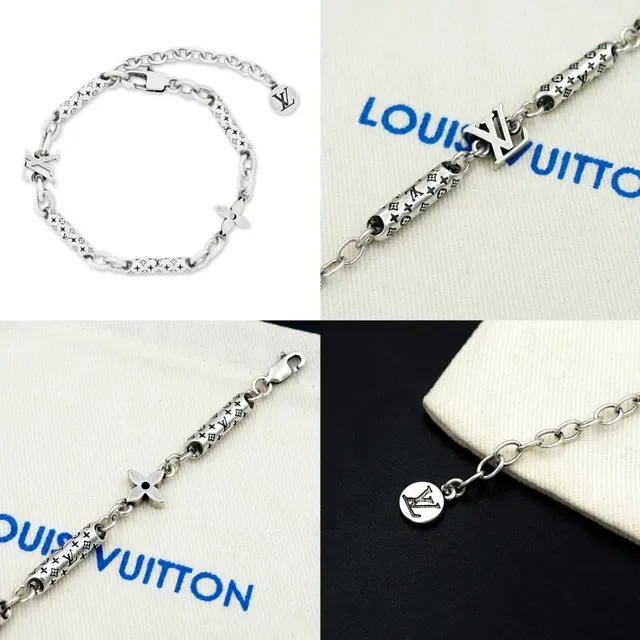 Louis Vuitton Monogram Hardware Silver Black Cylindrical Links Mixed Charm Elements Bracelet 10