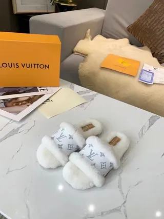 Louis Vuitton Monogram Shearling White Beige Canvas Slippers 6