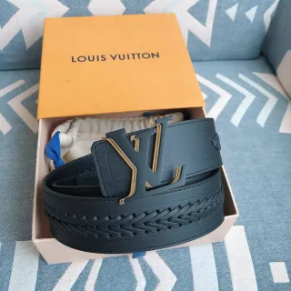 路易威登 海军金色 编织 带 超大 LV Monogram 扣头 皮革带