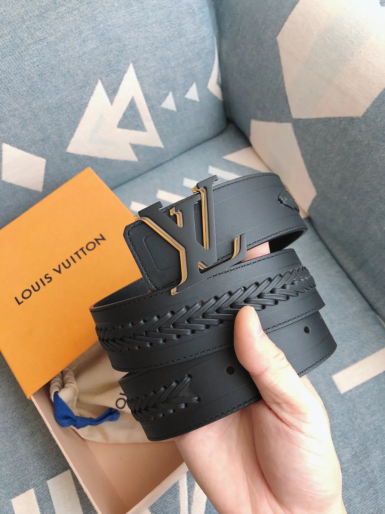 Louis Vuitton Navy Gold Braided Strap Oversized LV Monogram Buckle Leather Belt 9