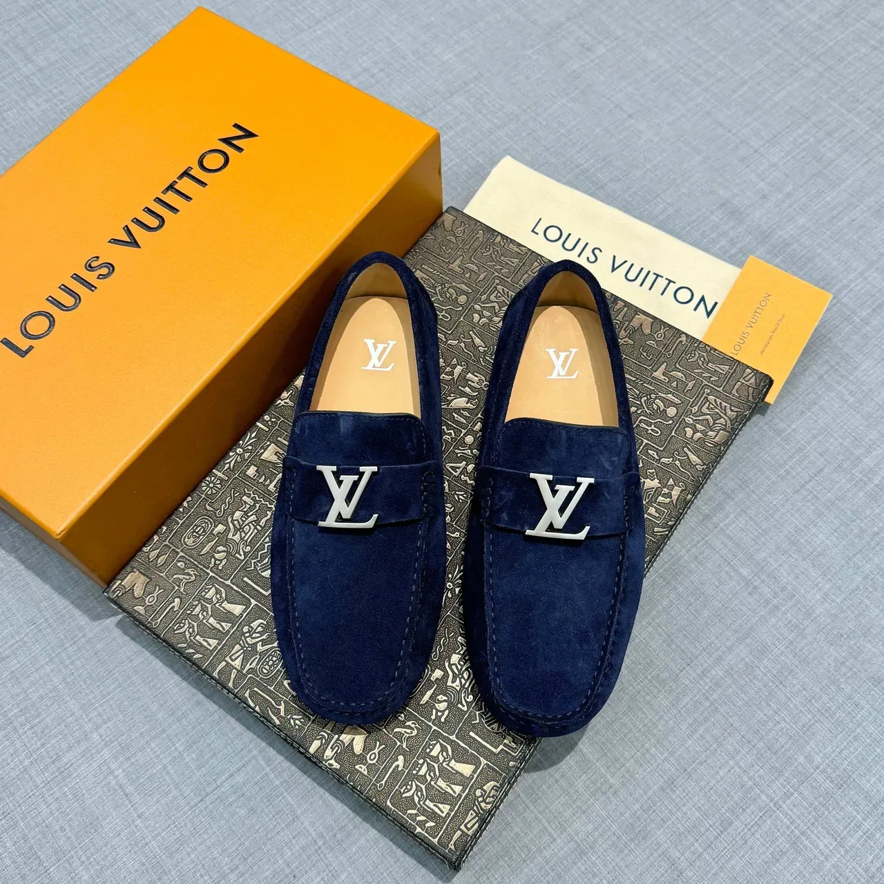 Louis Vuitton Navy Silver Suede Metal LV Buckle Loafer 6
