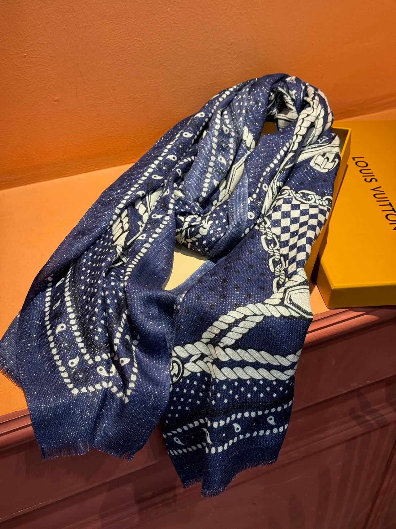 Louis Vuitton Navy White Equestrian Harness Motif Monogram Print Silk Scarf 8