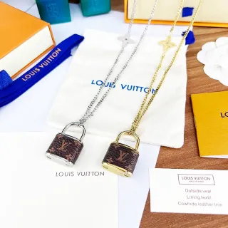 Louis Vuitton Padlock Necklace বাদামি মোনোগ্রাম চামড়া রূপালি এবং সোনালি টোন নেকলেস