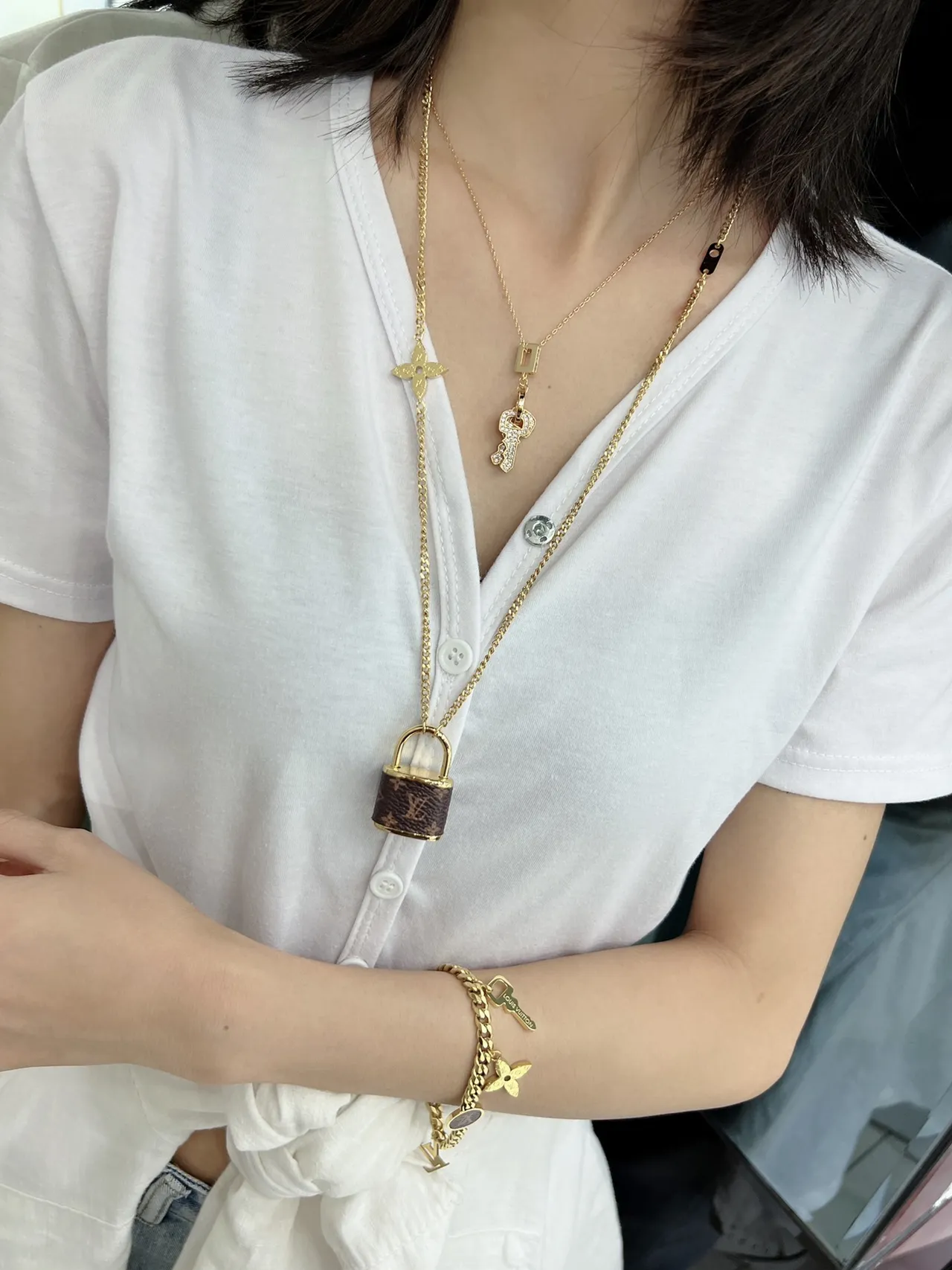 Louis Vuitton Padlock Necklace Brown Monogram Leather Silver and Gold Tone Necklaces 7