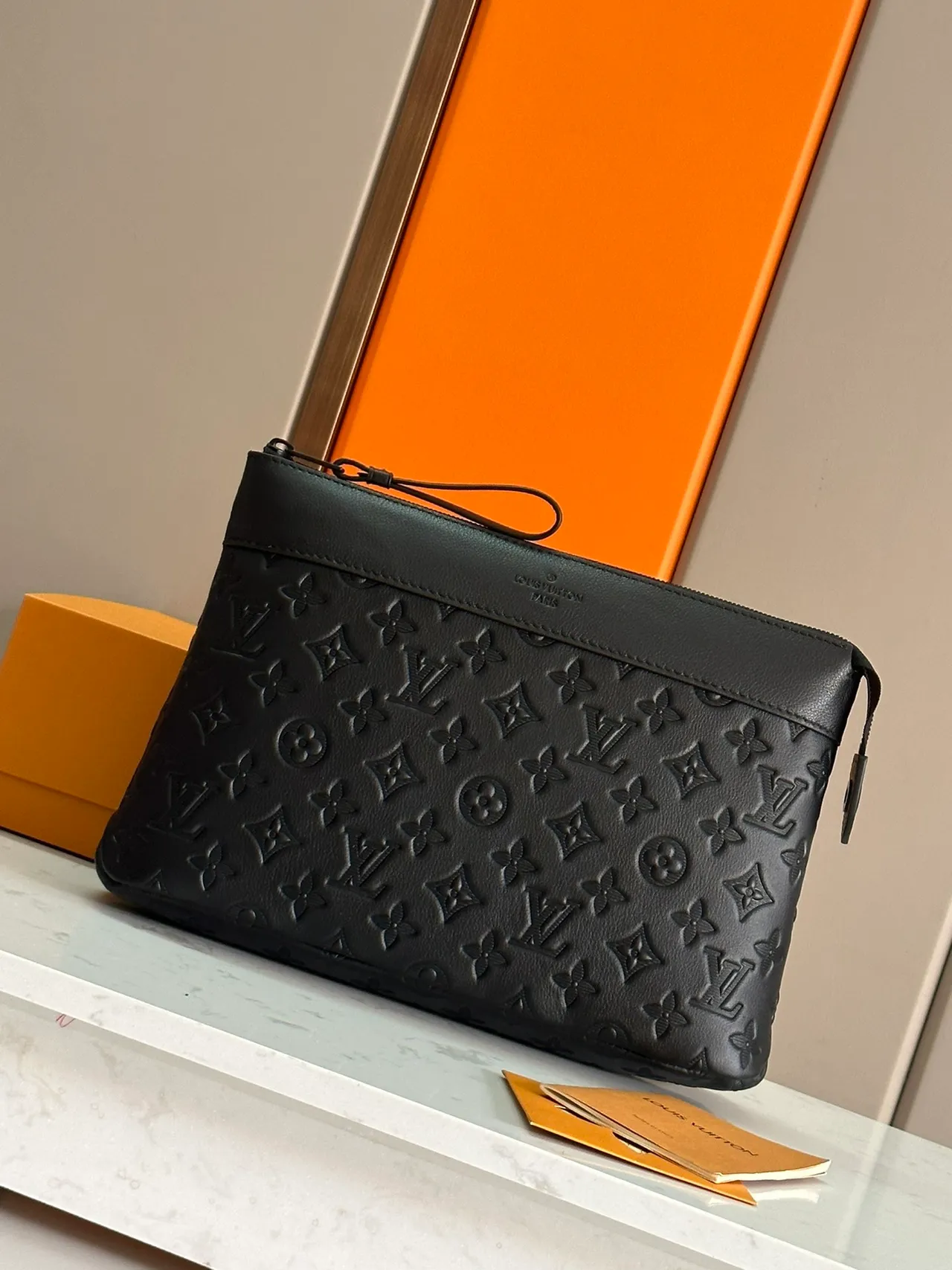 Louis Vuitton Rectangular Silhouette Black Embossed Monogram Leather Wristlet 7
