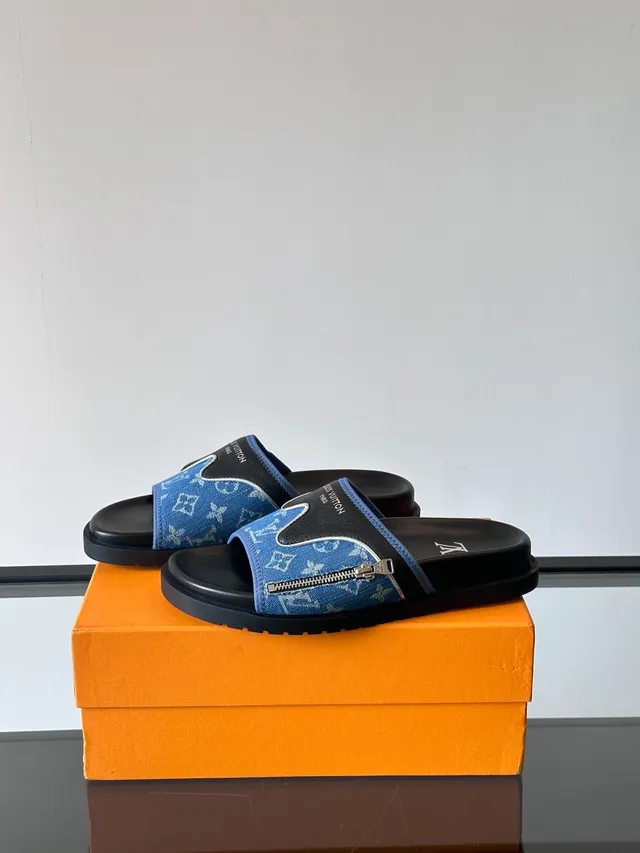 Louis Vuitton Run Away Blue Black Monogram Denim Strap Zipper Accent Slippers 4