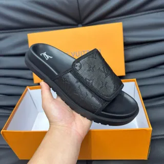 路易威登 Run Away Slide 黑色印花网拖鞋