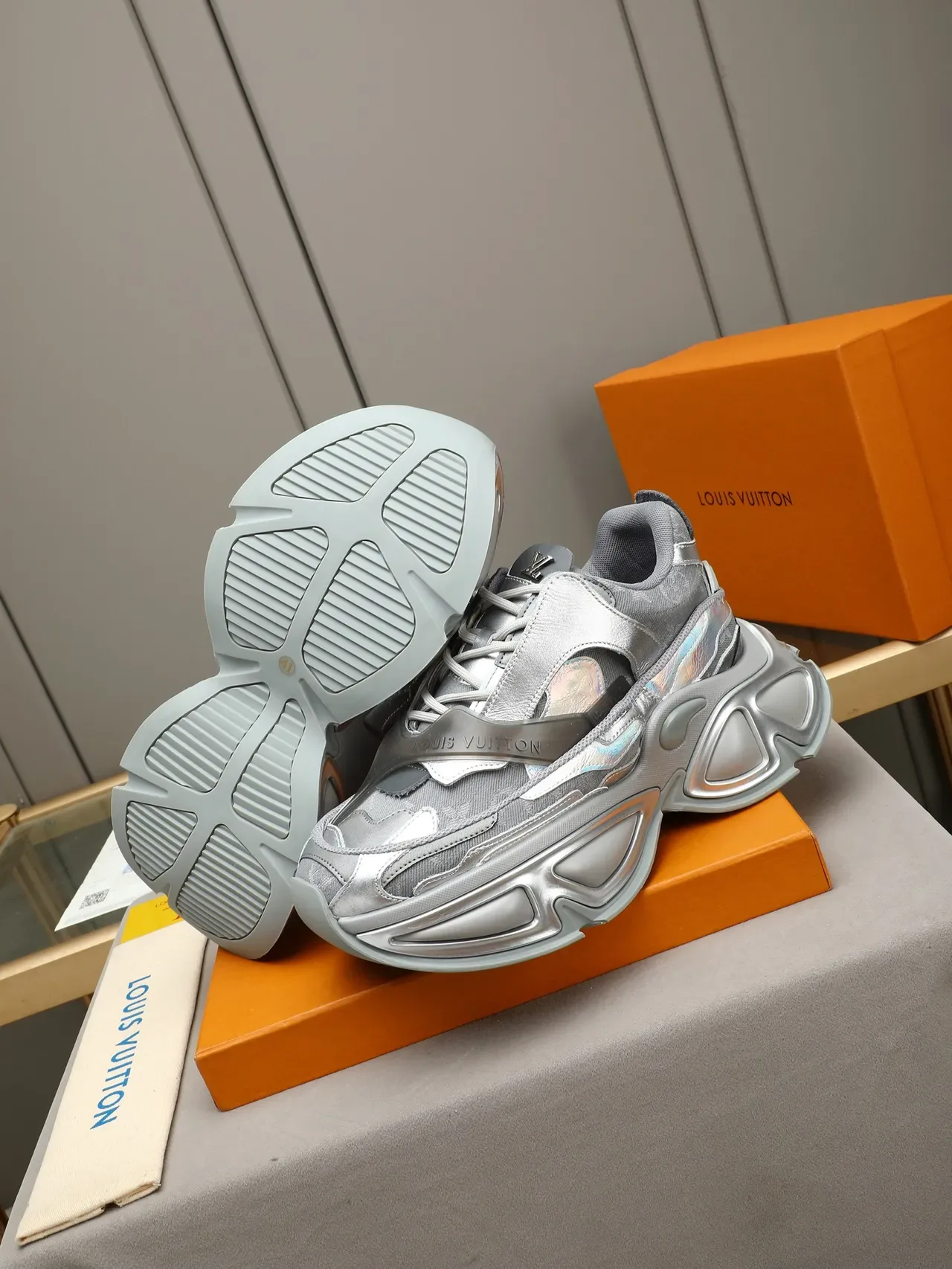 Louis Vuitton Silver Gray Metallic Holographic Paneling Chunky Sneakers 5