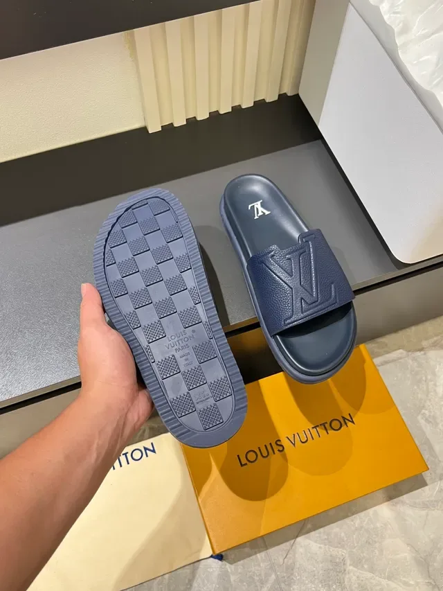 Louis Vuitton Slide Navy Black Molded Rubber Sole Embossed Monogram Strap Slippers 2