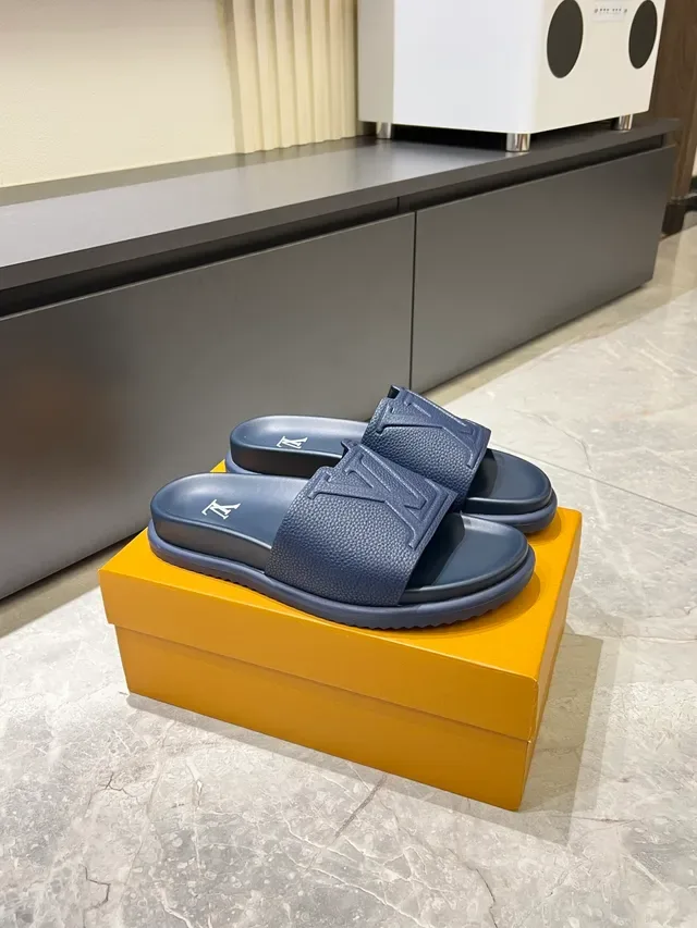 Louis Vuitton Slide Navy Black Molded Rubber Sole Embossed Monogram Strap Slippers 12