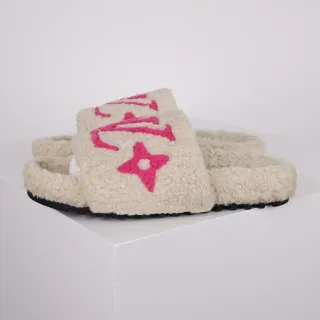 Louis Vuitton Slides Cream Shearling Pink Monogram Slipper
