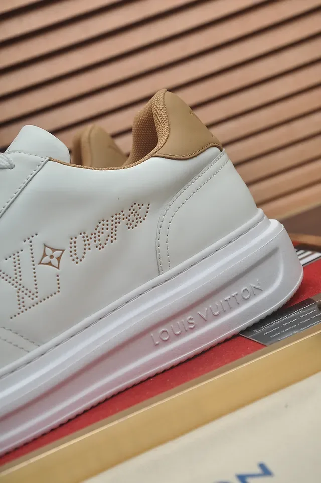 Louis Vuitton White Beige Perforated Monogram Logo Leather Upper Lifestyle Sneakers 2
