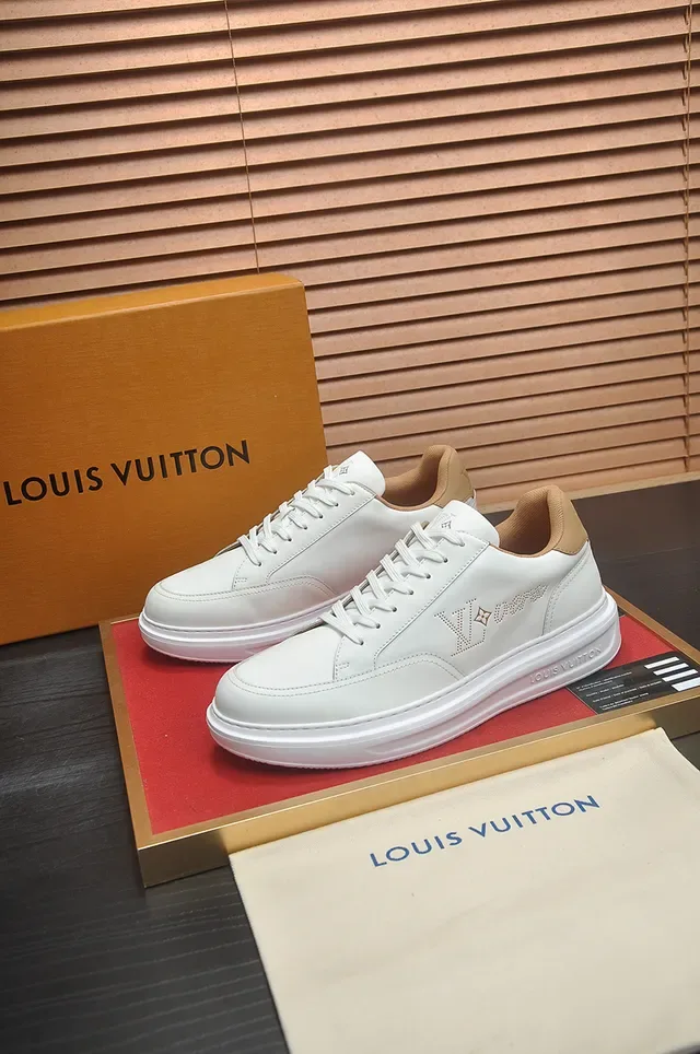 Louis Vuitton White Beige Perforated Monogram Logo Leather Upper Lifestyle Sneakers 4