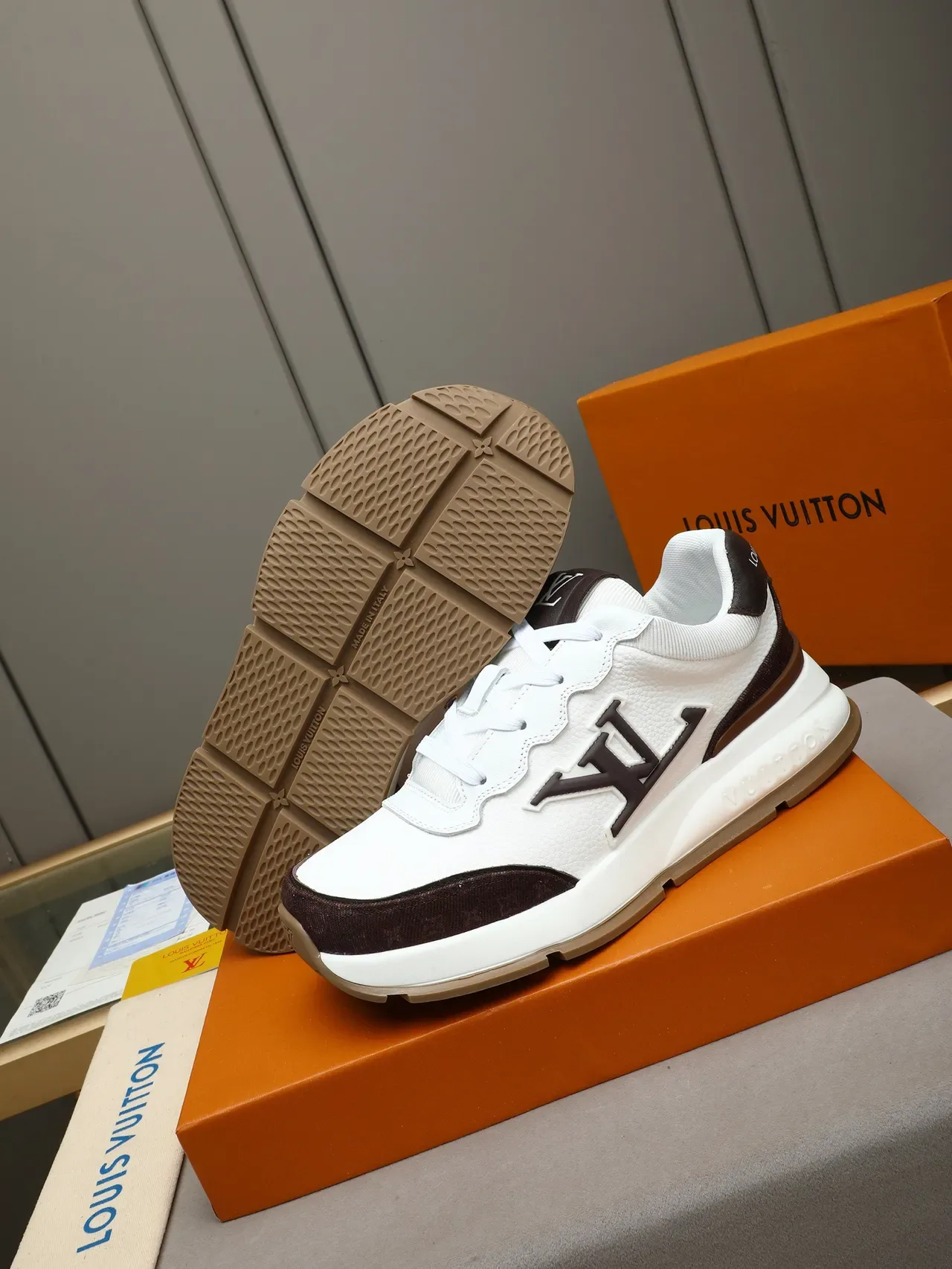 Louis Vuitton White Brown Monogram-Plaque Wavy Lacing Chunky Sneakers 4