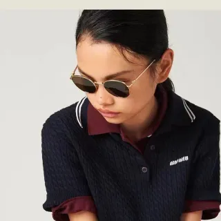 Miu Miu Navy Burgundy Knit Cable Texture Contrast Collar And Cuffs Polo Shirt