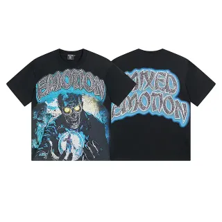 Mixed Emotion Black Blue Graphic Print Horror-Themed Illustration T-Shirt