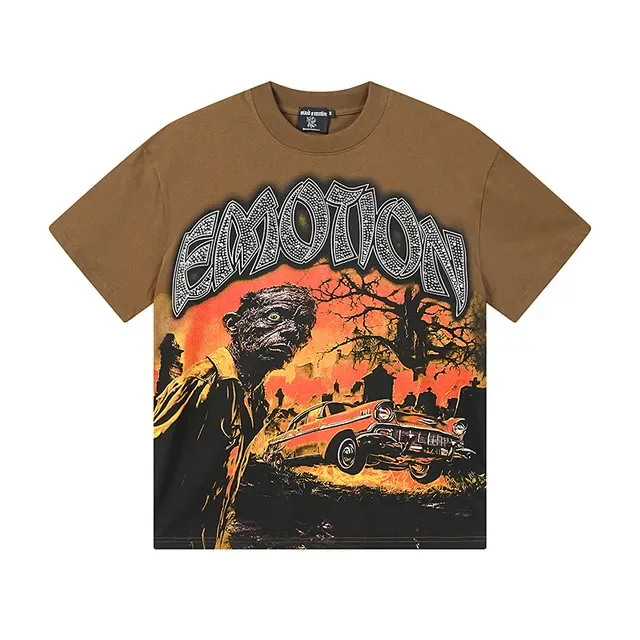 Camiseta Mixed Emotion marrón y rojo con estampado gráfico y tipografía desgastada 2