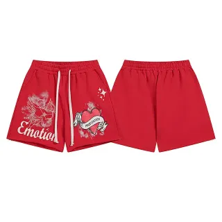 Mixed Emotion Red White Graphic-Print Drawstring-Waist Shorts