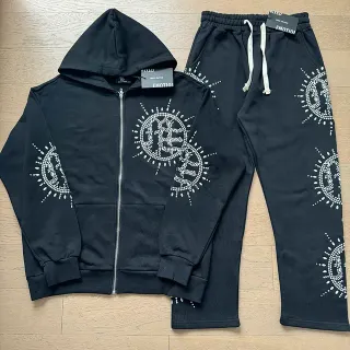 Mixed Emotion Rhinestone Sunburst Logo Black Tracksuit