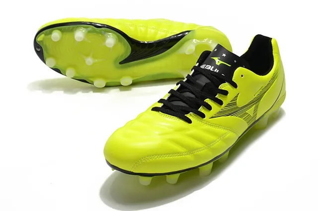 Mizuno Morelia Yellow Black নিম্ন-কাট সিন্থেটিক চামড়া উপর ফার্ম-গ্রাউন্ড সকার জুতা 14